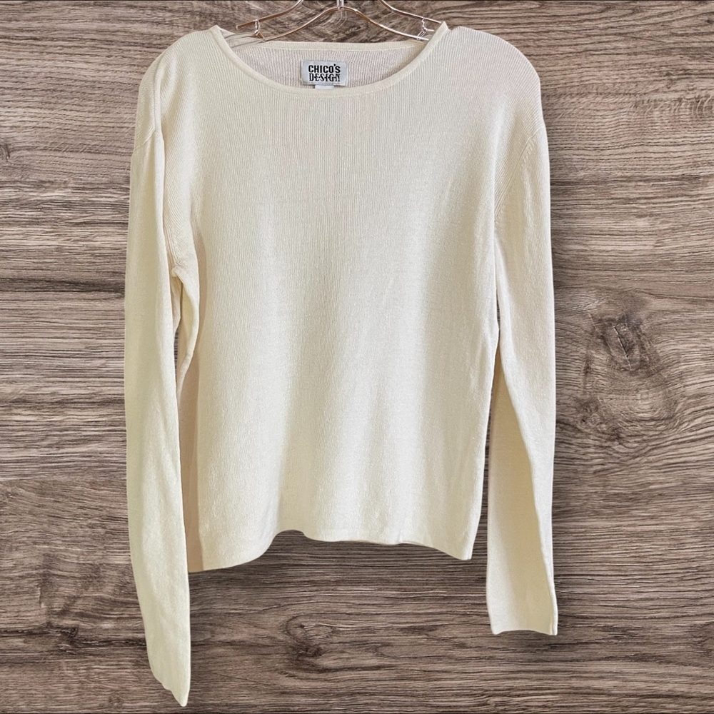 Chico's Cream Crew Neck Sweater Spring Knit Sz. 1 Neutral Classic